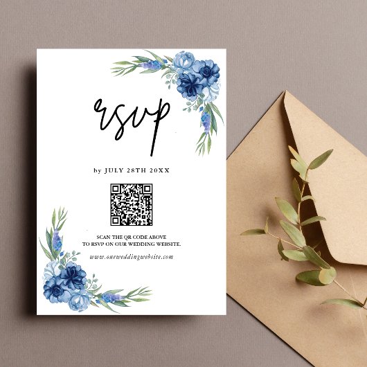 Lieblich Dusty Blue Floral QR Code Wedding RSVP Karte
