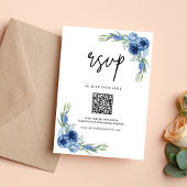 Lieblich Dusty Blue Floral QR Code Wedding RSVP Karte