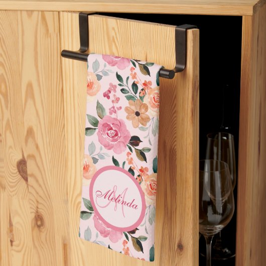 Lieblich rosa, orange Tan Mit Monogramm Geschirrtuch (Drittel gefaltet)