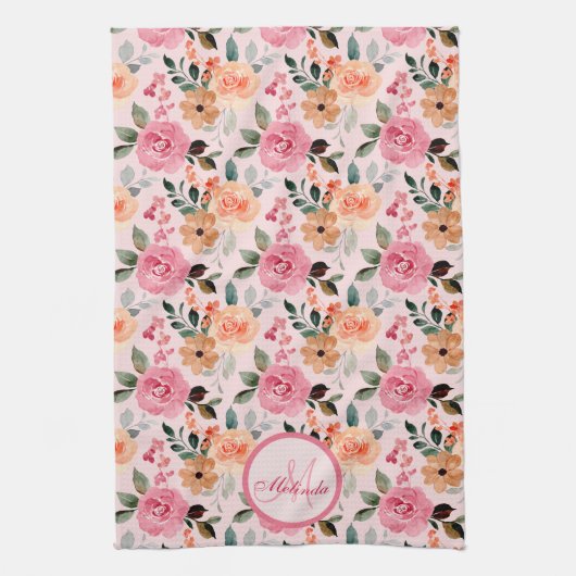 Lieblich rosa, orange Tan Mit Monogramm Geschirrtuch (Vertikal)