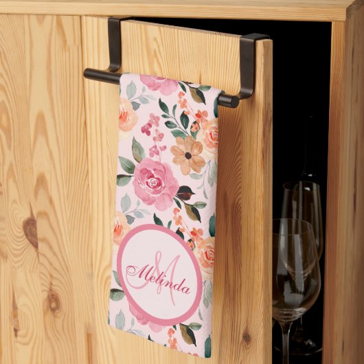 Lieblich rosa, orange Tan Mit Monogramm Geschirrtuch (Drittel gefaltet)