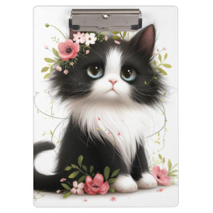 Lieblich Tuxedo Kitten mit Blume Klemmbrett