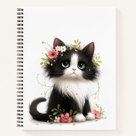Lieblich Tuxedo Kitten mit Blume Notizblock (Vorderseite)