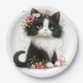 Lieblich Tuxedo Kitten mit Blume Pappteller (Vorderseite)
