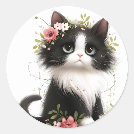 Lieblich Tuxedo Kitten mit Blume Runder Aufkleber (Vorderseite)