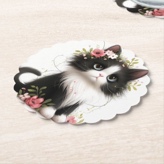 Lieblich Tuxedo Kitten mit Blume Untersetzer (angewinkelt)