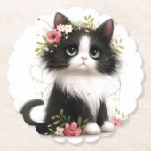 Lieblich Tuxedo Kitten mit Blume Untersetzer (Vorderseite)