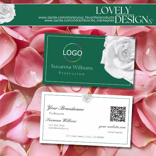 Lieblich White Rose on Green mit Logo und QR-Code Visitenkarte
