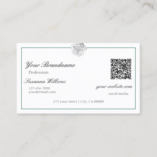 Lieblich White Rose on Green mit Logo und QR-Code Visitenkarte (Rückseite)