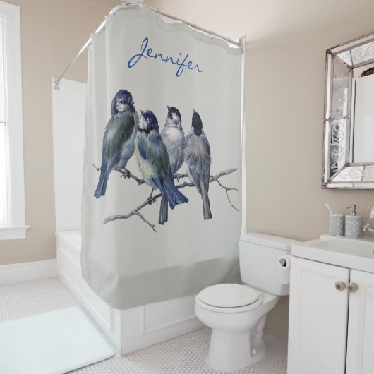 Liebliche Blaue und Graue Vögel auf einem Zweig Vi Duschvorhang (Beispiel)