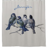 Liebliche Blaue und Graue Vögel auf einem Zweig Vi Duschvorhang (Vorderseite)