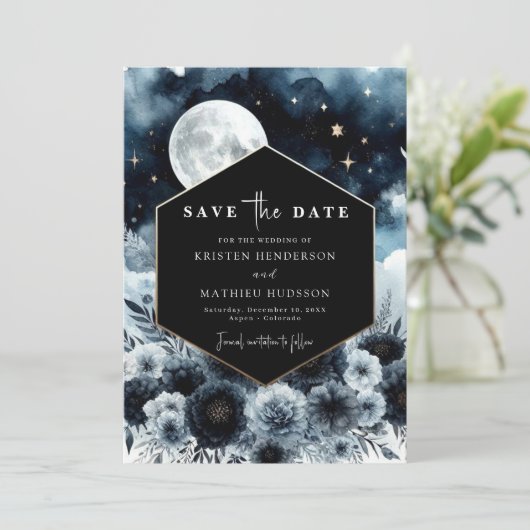 Liebliche Blue Moonlit Wedding Save The Date (Stehend Vorderseite)