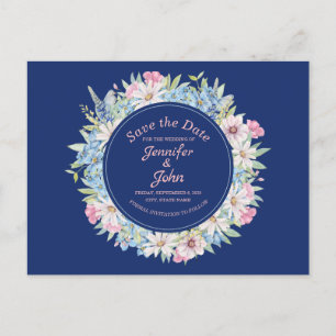 Liebliche Blumenkranke Blue Wedding Save the Date Ankündigungspostkarte