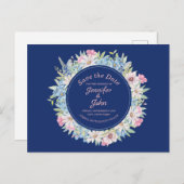 Liebliche Blumenkranke Blue Wedding Save the Date Ankündigungspostkarte (Vorne/Hinten)