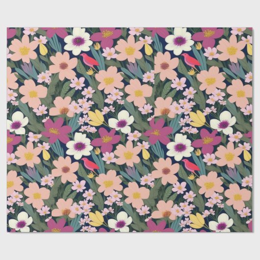 Liebliche bunte Blume und Vögel Umschlagpapier Geschenkpapier (Flach)