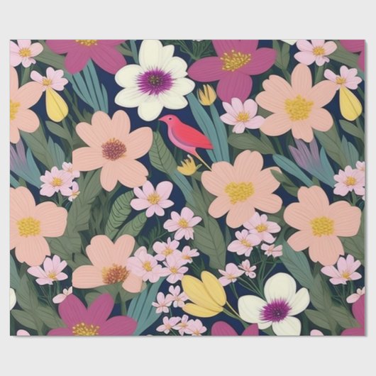 Liebliche bunte Blume und Vögel Umschlagpapier Geschenkpapier (Flach)