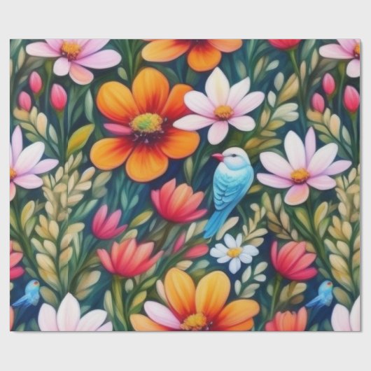 Liebliche bunte Blume und Vögel Umschlagpapier Geschenkpapier (Flach)