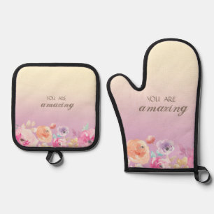 Liebliche bunte Wasserfarben Blumen Ofenhandschuh & Topflappen-Set
