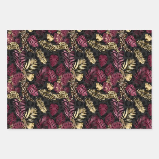 Liebliche Burgunder und Gold Leopard Print Geschenkpapier Set (Vorderseite)