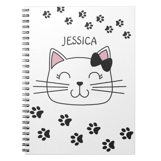 Liebliche Cartoon Katze mit Pfoten Fußspuren mit N Notizblock (Vorderseite)