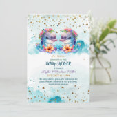 Liebliche Dolphin Niedlich Twin Baby Boy Dusche Einladung (Stehend Vorderseite)