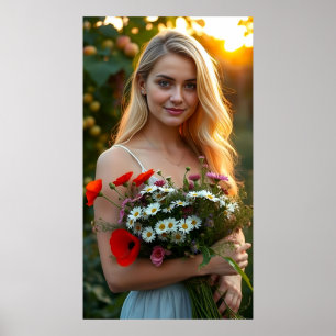 Liebliche Girl mit Bouquet von Daisies und Poppies Poster