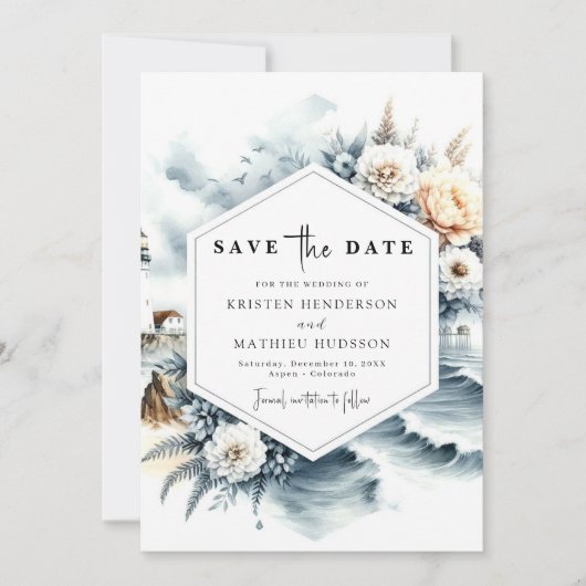 Liebliche Hochzeit im Leuchtturm Waves Save The Date (Vorderseite)