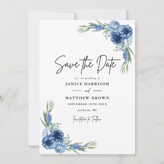 Liebliche Hochzeit mit Blauer Flora Save The Date (Vorderseite)