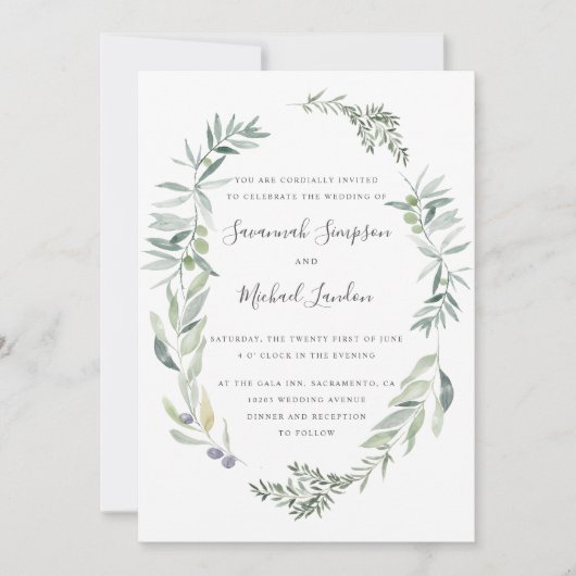 Liebliche Hochzeit mit Olivenöl und Blätter Einladung (Vorderseite)