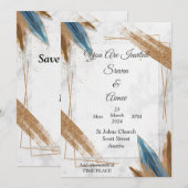 Liebliche Hochzeitseinladung, Gold, Blau, Weiß Einladung (Vorne/Hinten)