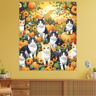 Liebliche Katzen und Kürbis in die Herbstsaison Leinwanddruck