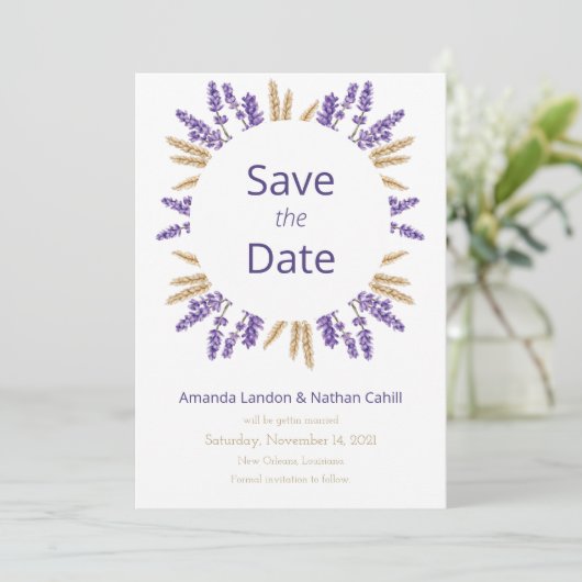 Liebliche Lavender & Wheat Save The Date (Stehend Vorderseite)