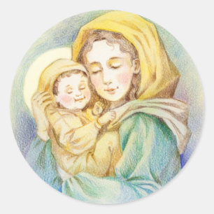 Liebliche Mary und Baby Jesus Runder Aufkleber