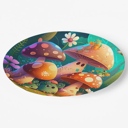 Liebliche niedliche Elfen spielen unter Pilzen und Pappteller (Schrägansicht)