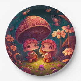 Liebliche niedliche Elfen spielen unter Pilzen und Pappteller