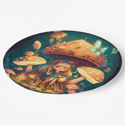 Liebliche niedliche Elfen spielen unter Pilzen und Pappteller (Schrägansicht)