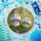 Liebliche niedliche Elfen spielen unter Pilzen und Pappteller (Party)