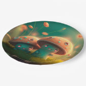 Liebliche niedliche Elfen spielen unter Pilzen und Pappteller (Schrägansicht)