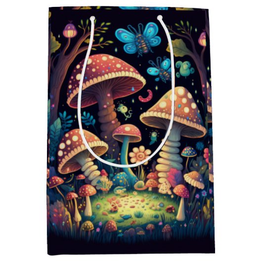 Liebliche niedliche Elfen spielen unter Pilzgesche Mittlere Geschenktüte (Vorderseite)