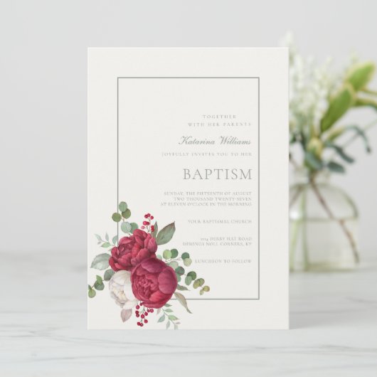 Liebliche Peonies sage Green Script Elfenbeintaufe Einladung (Stehend Vorderseite)