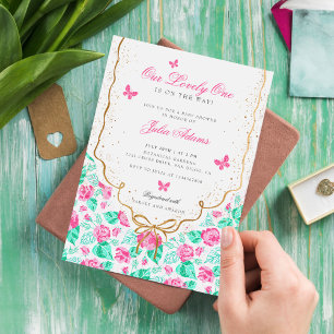 Liebliche rosa Rosenblume goldene Schleife Baby-Ei Einladung