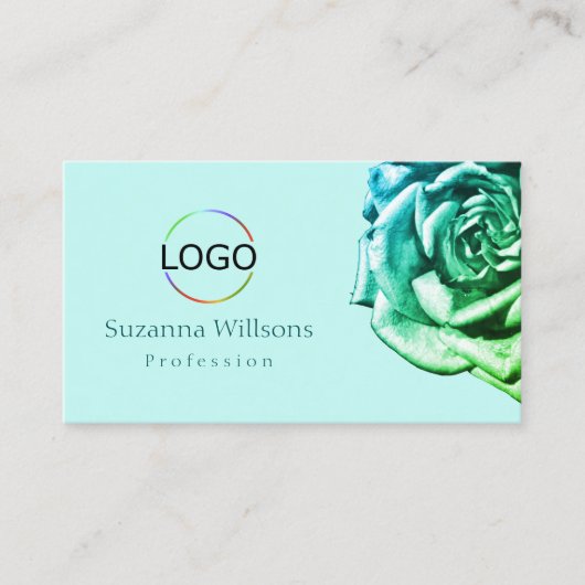 Liebliche Rose auf Schlichtem Aquamarin-Weiß mit L Visitenkarte (Vorderseite)