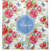 Liebliche rote Pflaumen mit blauen Schmetterlingen Duschvorhang (Vorderseite)