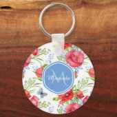 Liebliche rote Pflaumen mit blauen Schmetterlingen Schlüsselanhänger (Vorderseite)