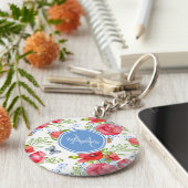 Liebliche rote Pflaumen mit blauen Schmetterlingen Schlüsselanhänger (Seite)