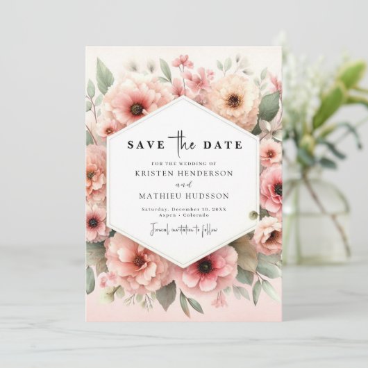 Liebliche Rustikale Rosa Blumenzehen Save The Date (Stehend Vorderseite)