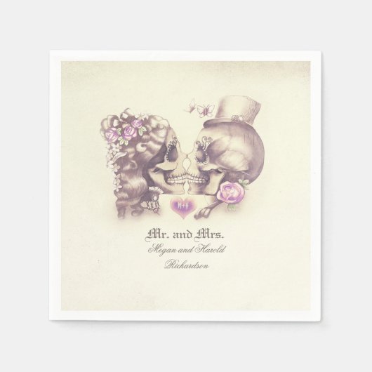 Liebliche Skull Couple Lila Hochzeit Serviette (Vorderseite)