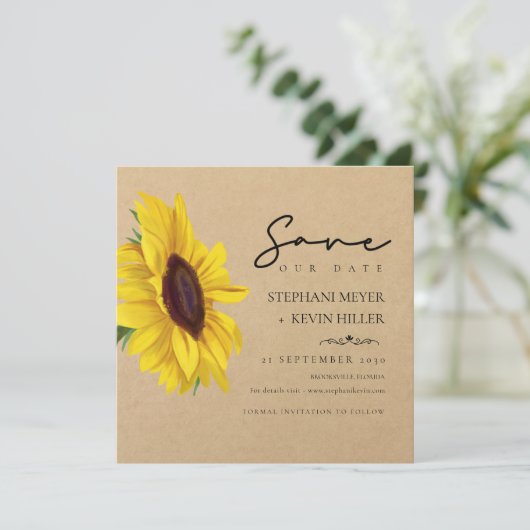 Liebliche Sonnenblume Rustic Kraft Papier Hochzeit Save The Date (Stehend Vorderseite)