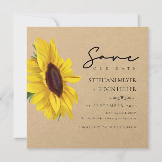 Liebliche Sonnenblume Rustic Kraft Papier Hochzeit Save The Date (Vorderseite)