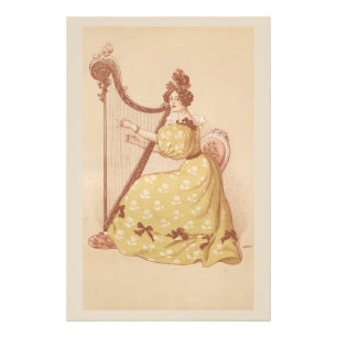 Liebliche Vintage Dame, die Musik auf Harfe spielt Fotodruck